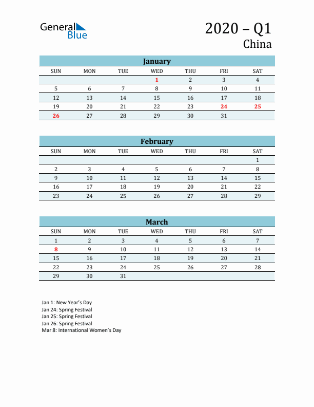 Three-Month Planner for Q1 2020 with Holidays - China