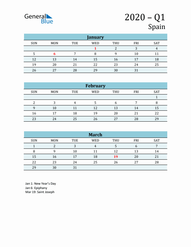 Three-Month Planner for Q1 2020 with Holidays - Spain