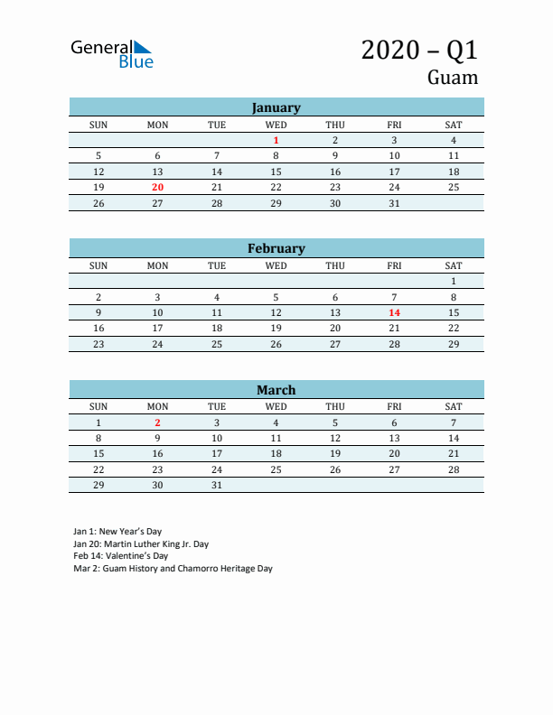 Three-Month Planner for Q1 2020 with Holidays - Guam