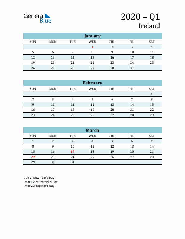 Three-Month Planner for Q1 2020 with Holidays - Ireland