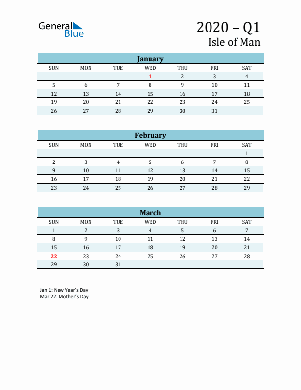 Three-Month Planner for Q1 2020 with Holidays - Isle of Man