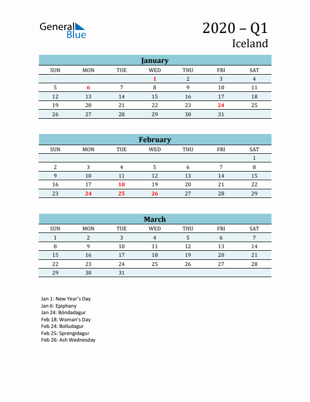 Three-Month Planner for Q1 2020 with Holidays - Iceland