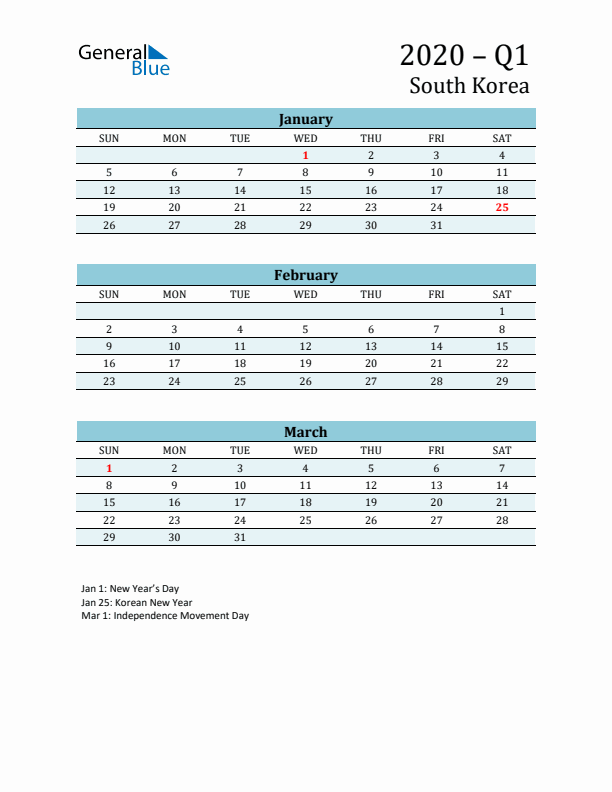 Three-Month Planner for Q1 2020 with Holidays - South Korea