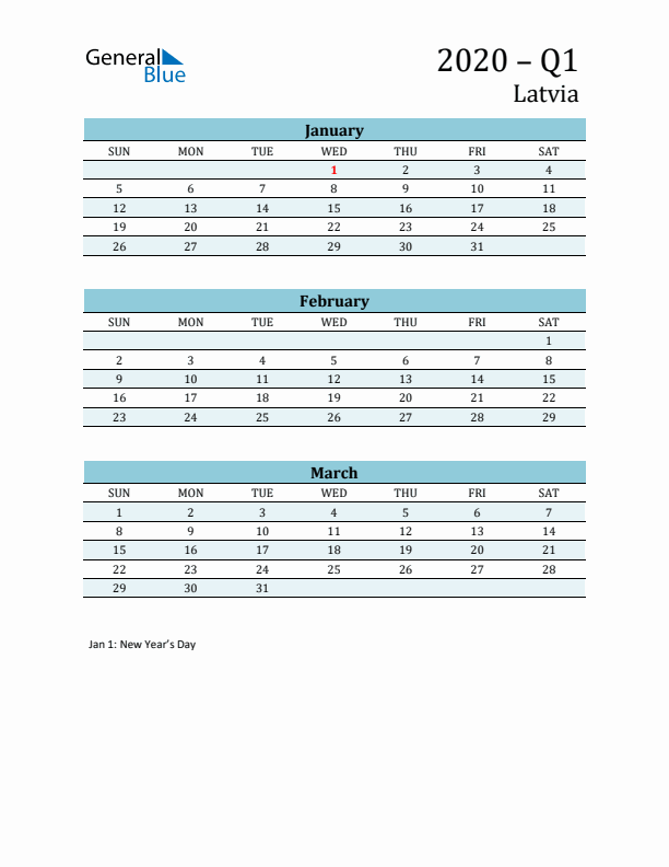 Three-Month Planner for Q1 2020 with Holidays - Latvia