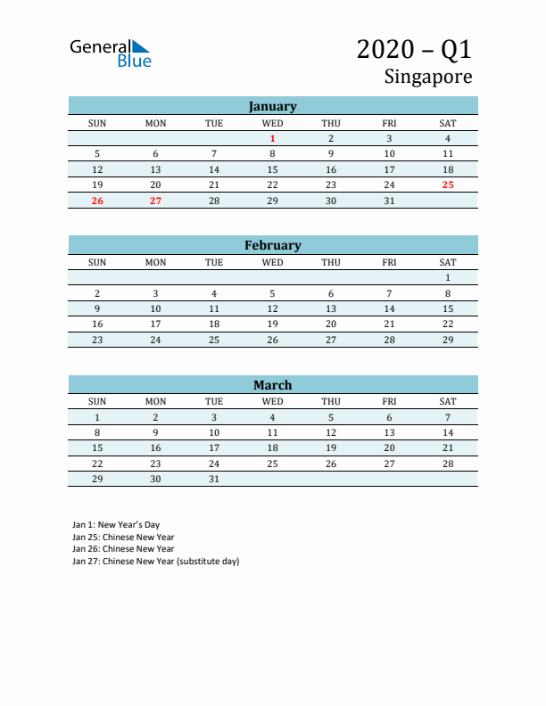 Three-Month Planner for Q1 2020 with Holidays - Singapore