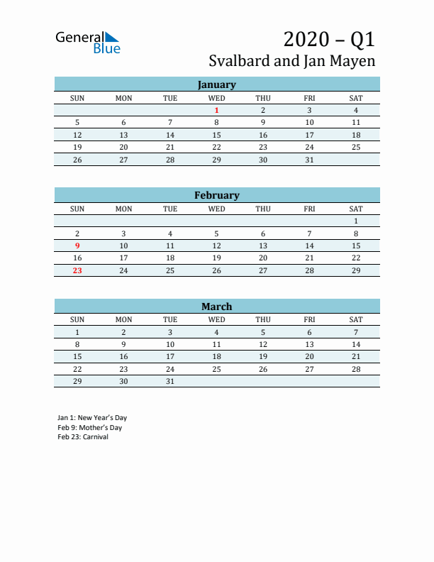 Three-Month Planner for Q1 2020 with Holidays - Svalbard and Jan Mayen