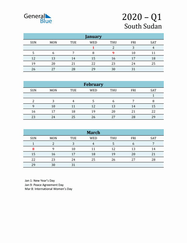 Three-Month Planner for Q1 2020 with Holidays - South Sudan