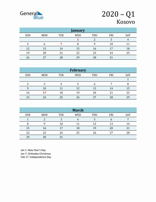 Three-Month Planner for Q1 2020 with Holidays - Kosovo