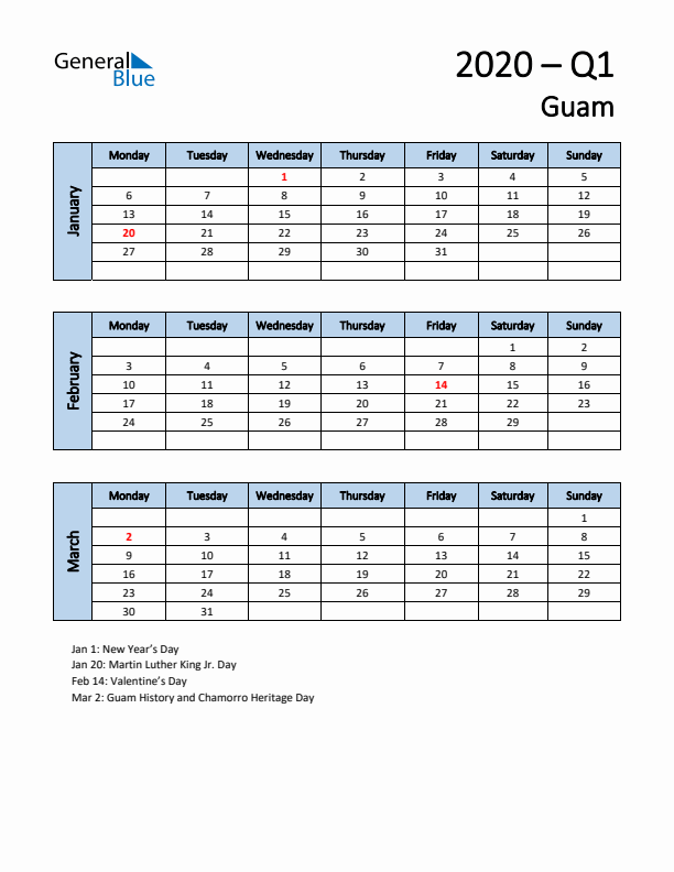 Free Q1 2020 Calendar for Guam - Monday Start