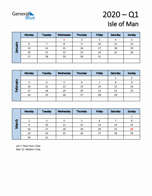 Free Q1 2020 Calendar for Isle of Man - Monday Start