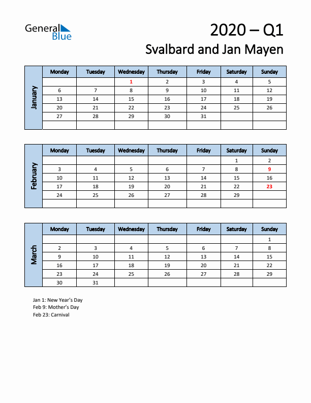 Free Q1 2020 Calendar for Svalbard and Jan Mayen - Monday Start