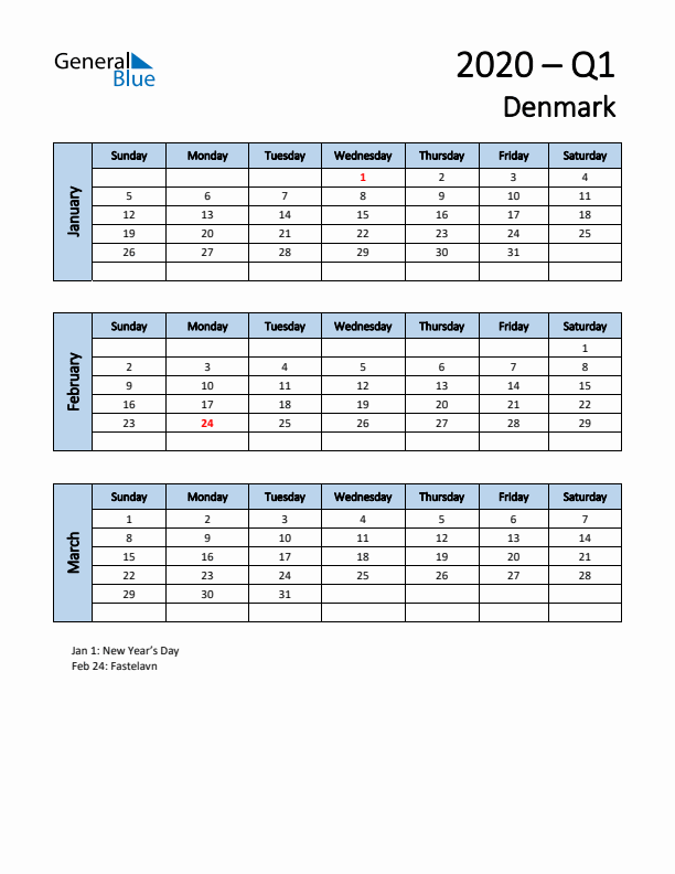 Free Q1 2020 Calendar for Denmark - Sunday Start