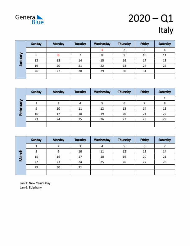 Free Q1 2020 Calendar for Italy - Sunday Start