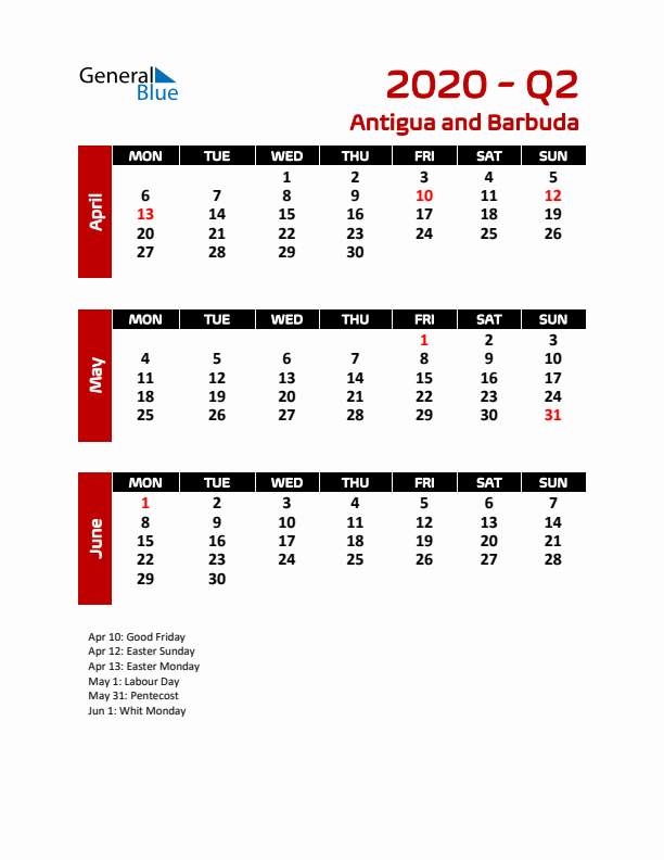 Q2 2020 Calendar with Holidays in Antigua and Barbuda