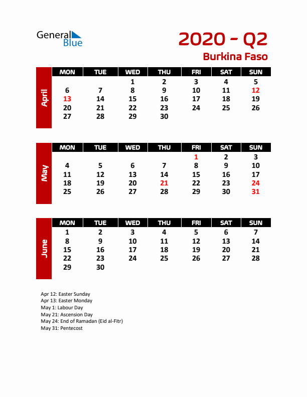 Q2 2020 Calendar with Holidays in Burkina Faso