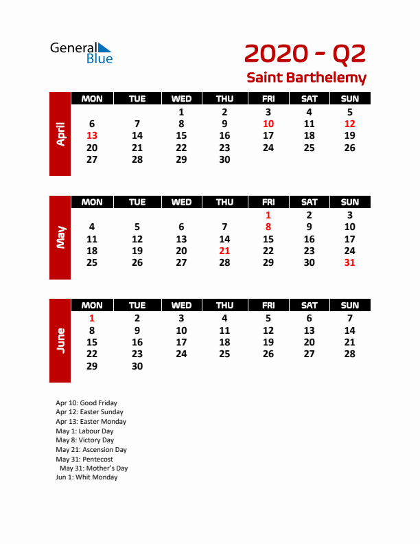 Q2 2020 Calendar with Holidays in Saint Barthelemy