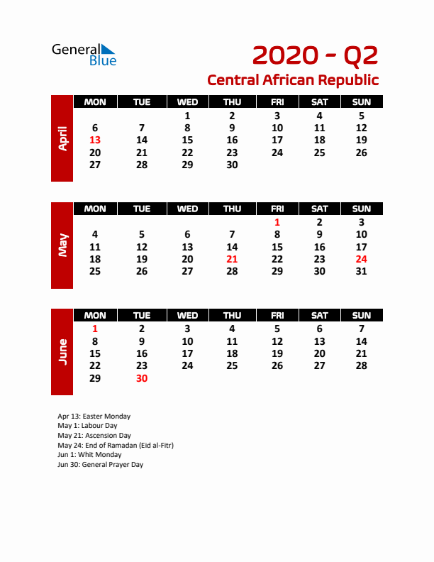 Q2 2020 Calendar with Holidays in Central African Republic