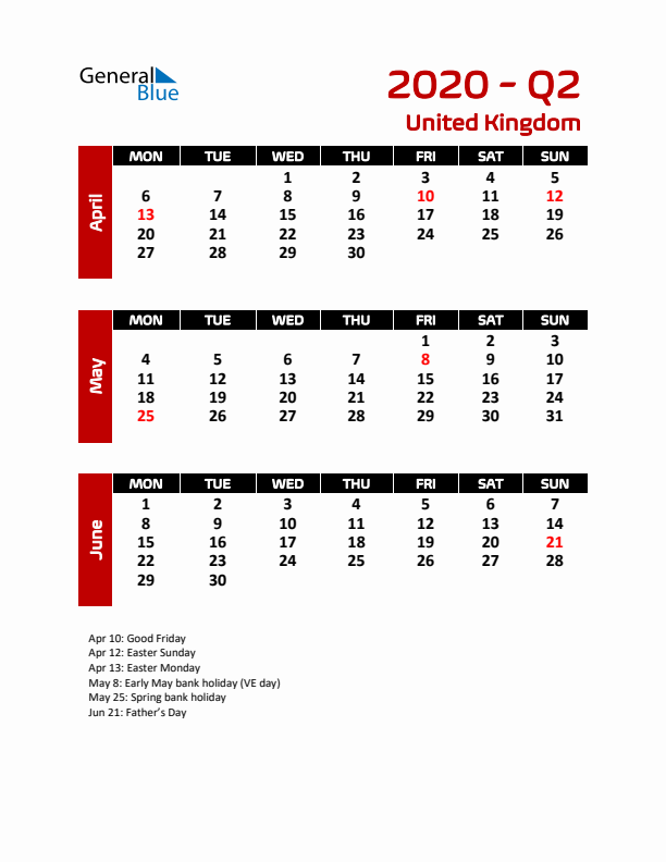 Q2 2020 Calendar with Holidays in United Kingdom