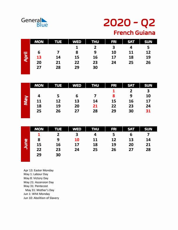 Q2 2020 Calendar with Holidays in French Guiana