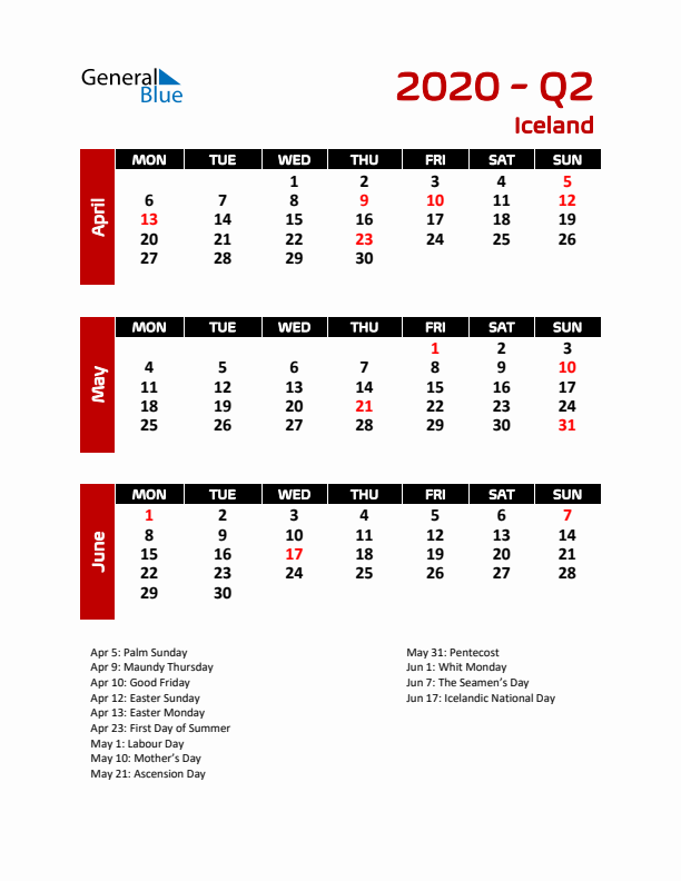 Q2 2020 Calendar with Holidays in Iceland