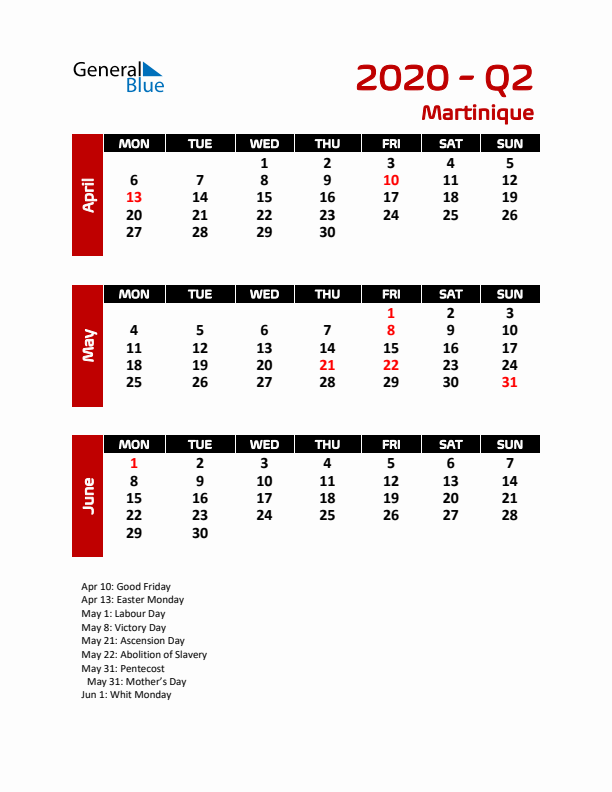 Q2 2020 Calendar with Holidays in Martinique