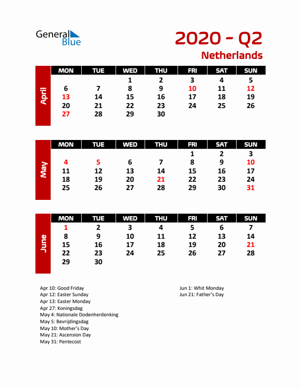 Q2 2020 Calendar with Holidays in The Netherlands