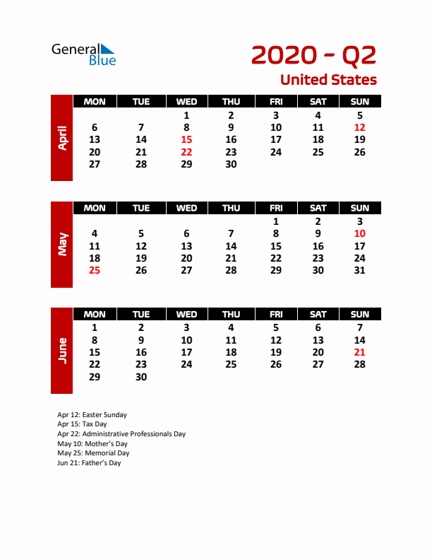 Q2 2020 Calendar with Holidays in United States