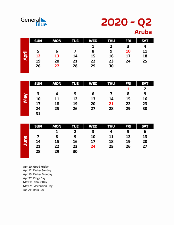 Q2 2020 Calendar with Holidays in Aruba