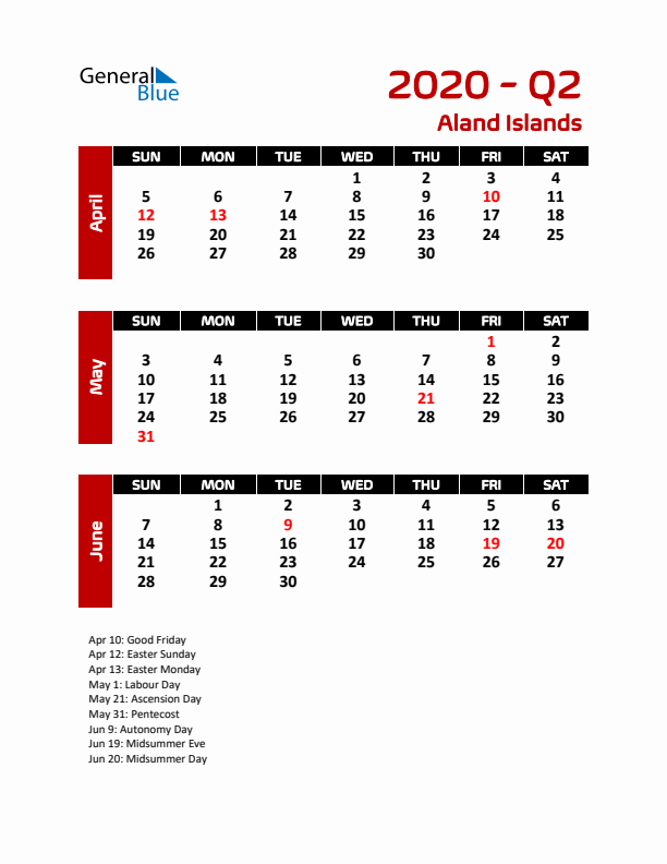 Q2 2020 Calendar with Holidays in Aland Islands