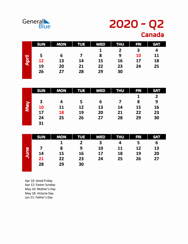 Q2 2020 Calendar with Holidays in Canada