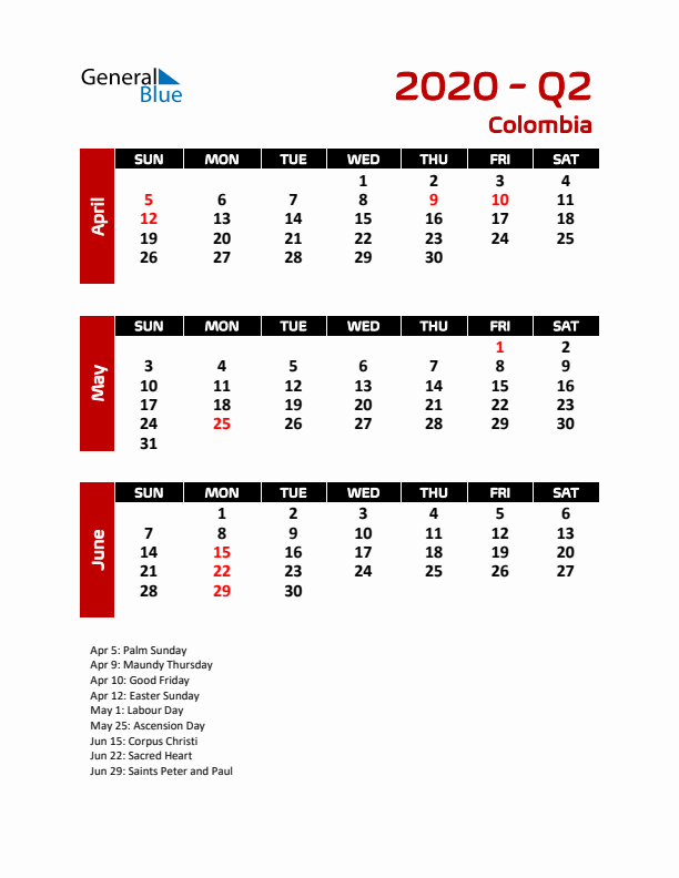 Q2 2020 Calendar with Holidays in Colombia