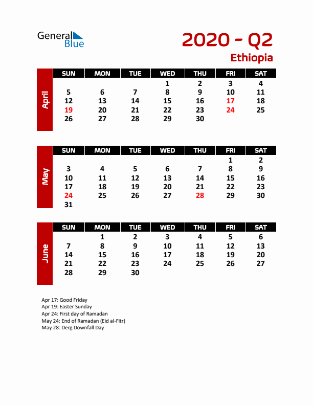 Q2 2020 Calendar with Holidays in Ethiopia