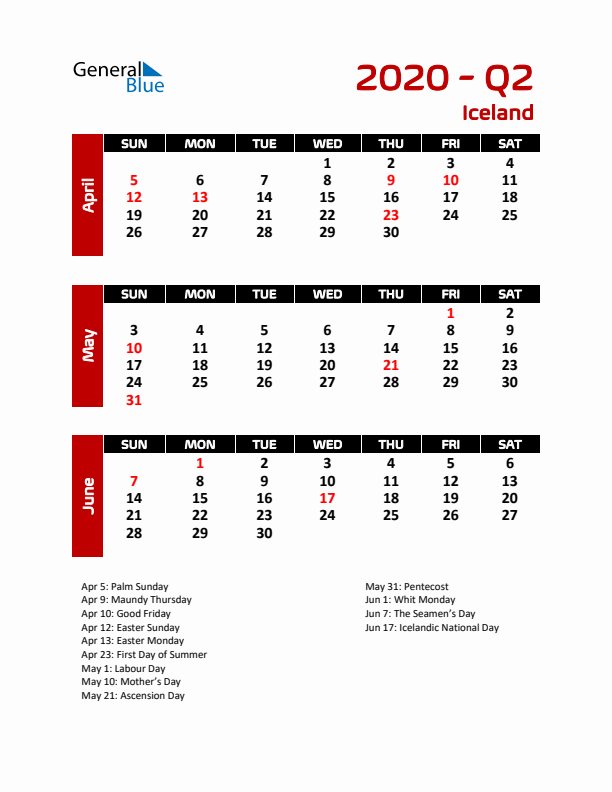 Q2 2020 Calendar with Holidays in Iceland