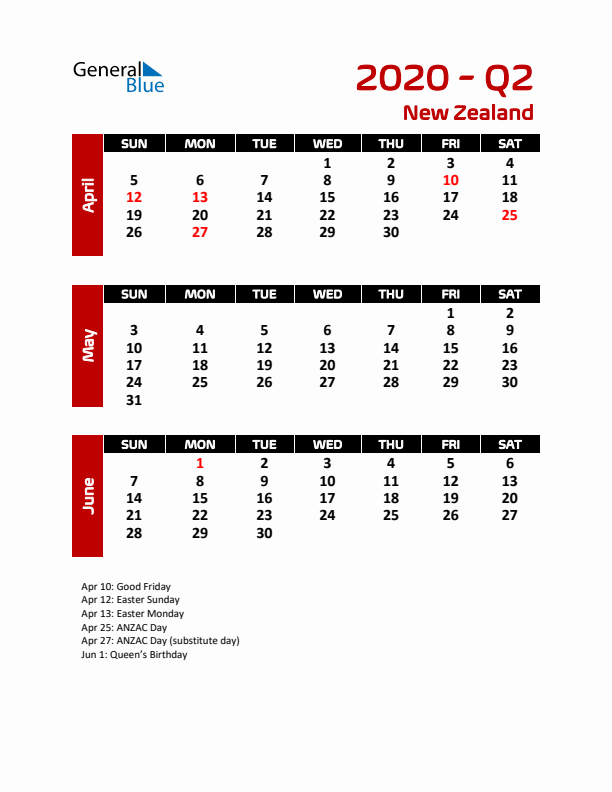 Q2 2020 Calendar with Holidays in New Zealand