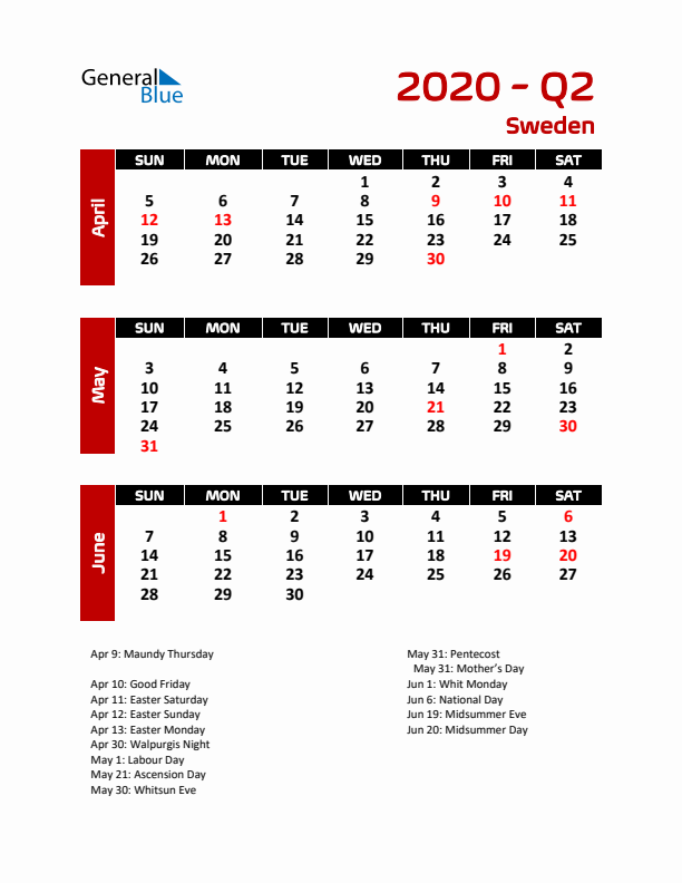 Q2 2020 Calendar with Holidays in Sweden