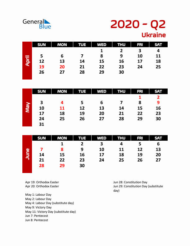 Q2 2020 Calendar with Holidays in Ukraine