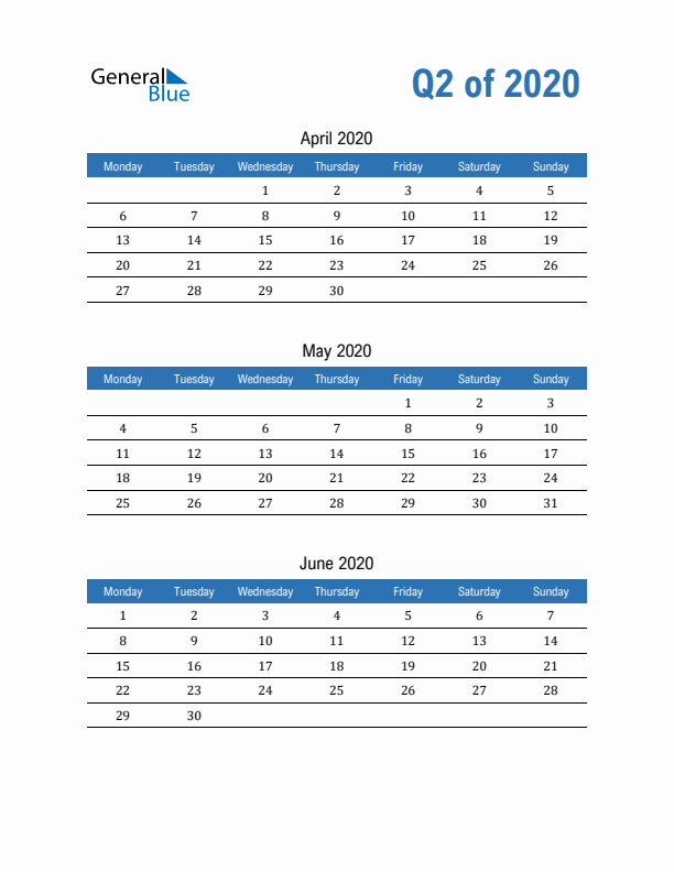 Fillable Quarterly Calendar for Q2 2020