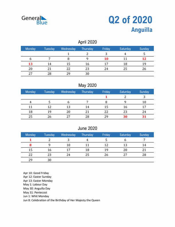 Anguilla Q2 2020 Quarterly Calendar with Monday Start