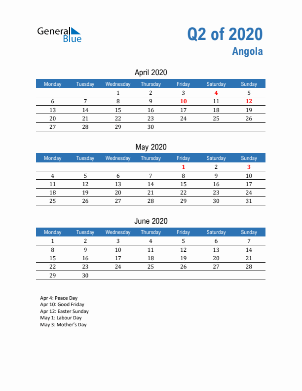 Angola Q2 2020 Quarterly Calendar with Monday Start