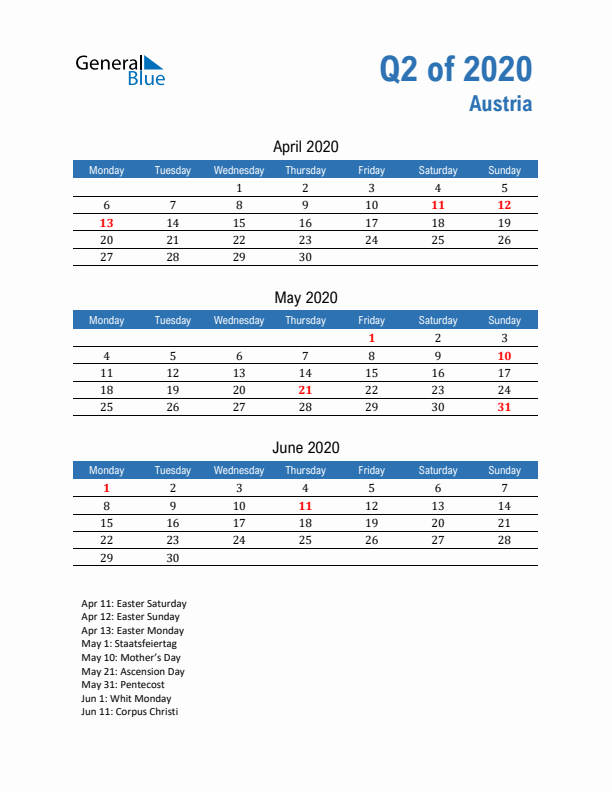 Austria Q2 2020 Quarterly Calendar with Monday Start