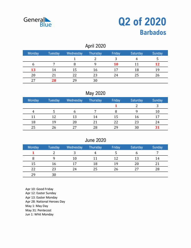 Barbados Q2 2020 Quarterly Calendar with Monday Start