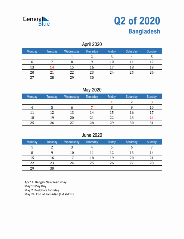 Bangladesh Q2 2020 Quarterly Calendar with Monday Start