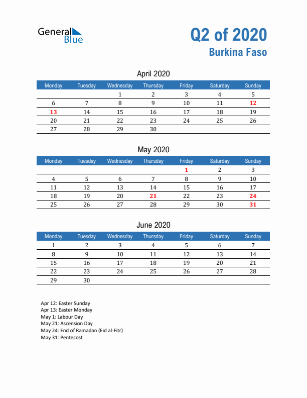 Burkina Faso Q2 2020 Quarterly Calendar with Monday Start