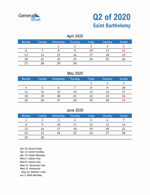 Saint Barthelemy Q2 2020 Quarterly Calendar with Monday Start