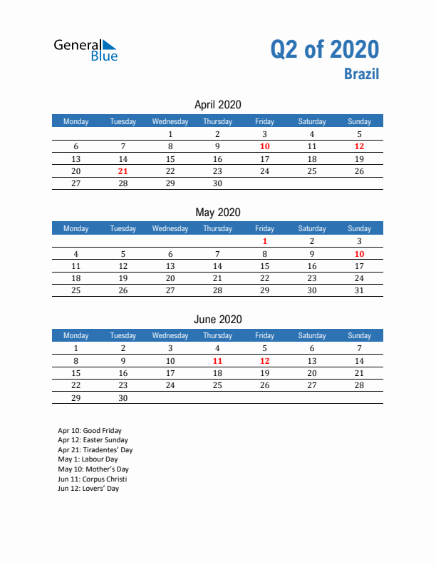 Brazil Q2 2020 Quarterly Calendar with Monday Start