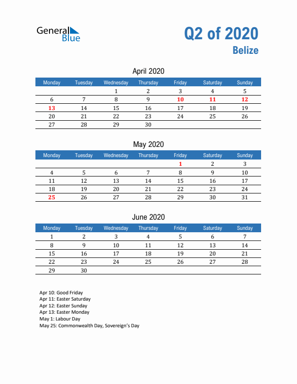 Belize Q2 2020 Quarterly Calendar with Monday Start