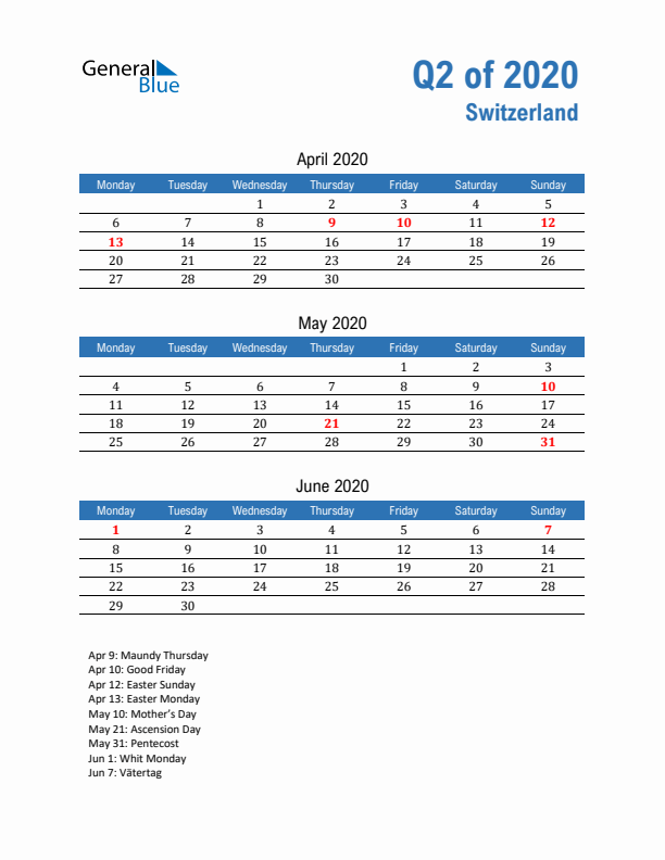 Switzerland Q2 2020 Quarterly Calendar with Monday Start