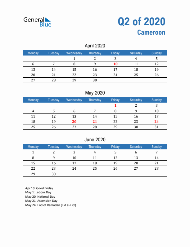 Cameroon Q2 2020 Quarterly Calendar with Monday Start