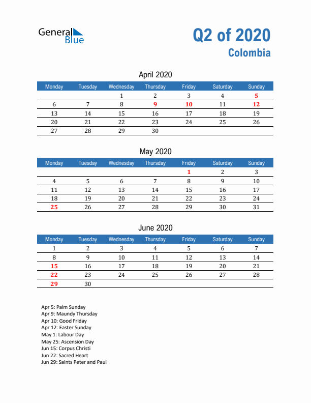 Colombia Q2 2020 Quarterly Calendar with Monday Start