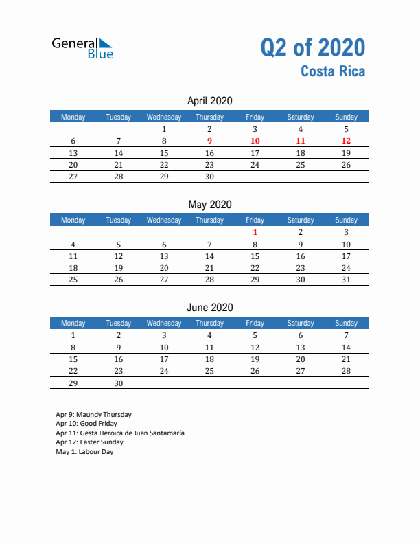 Costa Rica Q2 2020 Quarterly Calendar with Monday Start